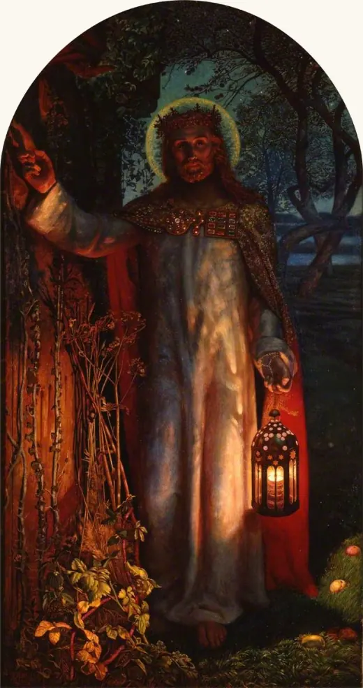 The Light of the World by William Holman Hunt: at night, a crowned figure with a lantern knocks at a door overgrown with weeds.